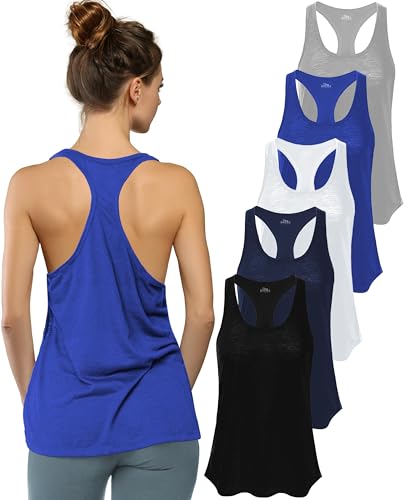 X-Large 5 Pack Women's Flowy Burnout Slub Racer Back Tank Tops - Black Navy White Grey Royal Blue