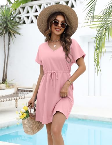 AI'MAGE Women's Swimsuit Coverup Short Sleeves Bikini Dress - Light Pink Medium