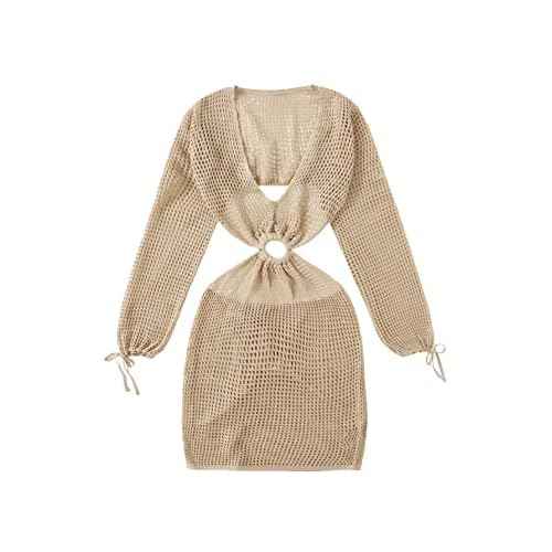 MakeMeChic Women's Crochet Cover Up Long Sleeve Knitted Swim Beach Cover Up Dress Swimwear