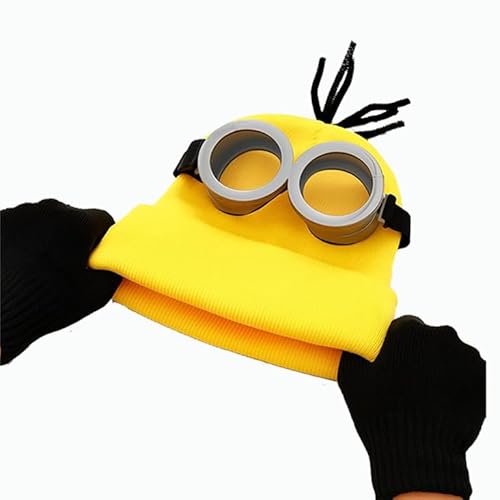 3 Pcs Halloween Costumes Adults & Kids Accessories, Adjustable Goggles Cosplay, Yellow Hat Beanie and Black Gloves for Women, Men, Halloween Party Set