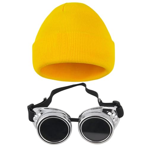 Halloween Yellow Beanie with Vintage Steampunk Goggles Knit Yellow Hat Punk Sunglasses Cosplay Set for Women Men