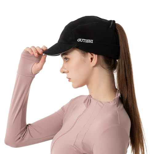 Ponytail Winter Hats for Women Reflective Fleece Ponytail Hat for Running Workouts,Black