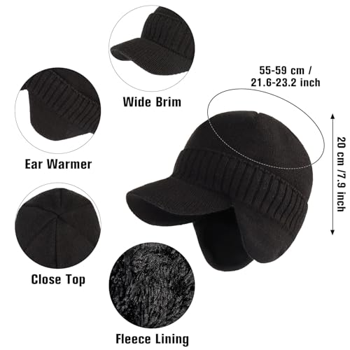 Century Star Mens Winter Hat with Visor & Earflaps,Outdoor Elastic Warm Knitted Fleece Sport Golf Baseball Beanie Cap