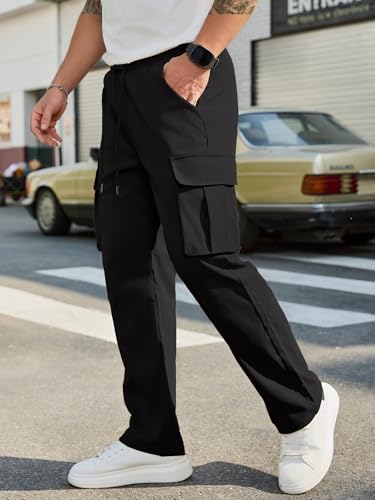 Mens Cargo Pants Casual Workout Hiking Sweatpants Large Black with Multi Pockets