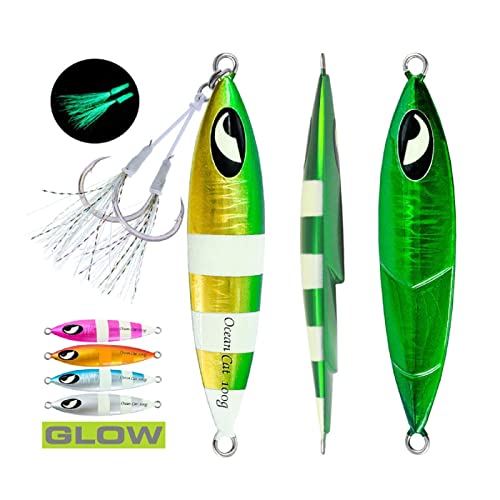 Fishing Jig Set - Green & Gold Lead Metal Flat Slow Fall Pitch Lures 100g