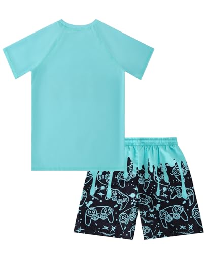 Boys Rash Guard Swimsuit 2-Piece Set with Shirt - Turquoise 11-12Y