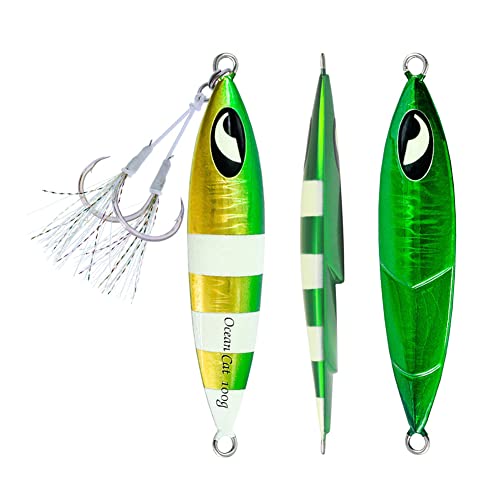 Fishing Jig Set - Green & Gold Lead Metal Flat Slow Fall Pitch Lures 100g