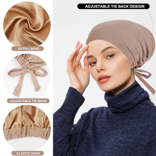 XEPST 2 PCS Hijab Undercap for Women, Satin Undercap for Hijab Islamic Muslim Under Hijabcap Modal Head Wraps Tie Back Bonnet Inner Head Scarf Turbans for Women Chemo Hat Sleep Cap, Black+Khaki