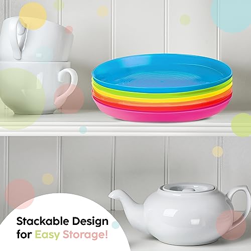 Kids Plates Set of 12 - BPA Free Toddler Plastic Dinnerware, Bright Colors, 7 Inch Small