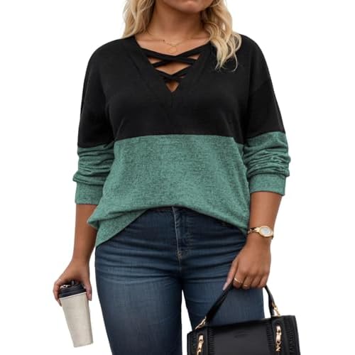 ROSRISS Womens Plus-Size Sweatshirts Casual Color Block Long Sleeve Tops Oversized Trendy Criss Cross V Neck Shirts XL-5XL