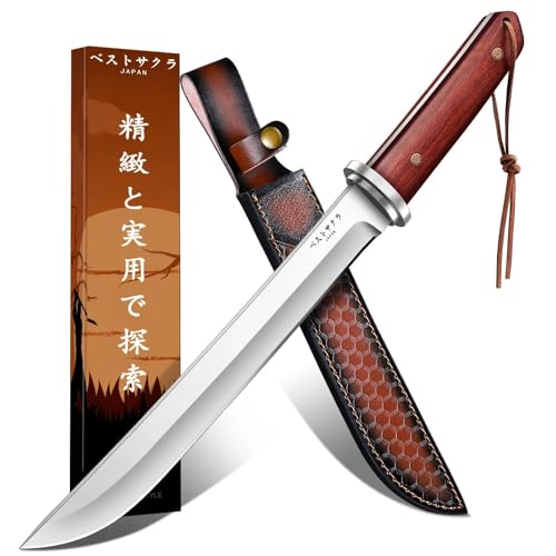 9.8 Inch Japanese Tanto Knife Fixed Blade with Rosewood Handle & Leather Sheath