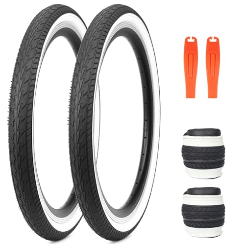 20 Inch Bicycle Tires White Wall Side Black Folding Bead 2 Pack - No Tube