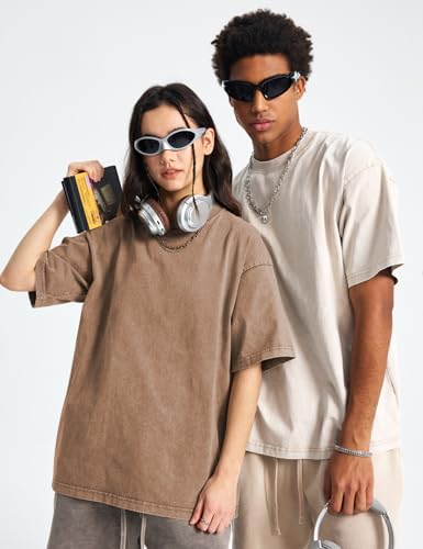 Gihuo Oversized Acid Wash T-Shirt for Men - Large Black Gray Khaki Beige Pack