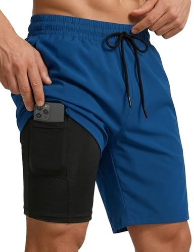 Men's Swim Shorts with Compression Liner - 7 Inch Inseam Quick Dry Board Shorts - Blue Medium