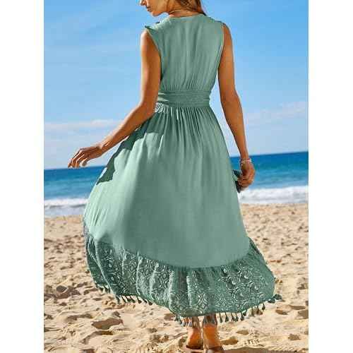 CUPSHE Women's Maxi Dress V Neck Sleeveless Lace Tassel Smocked Waist Cover Up Beach Formal Long Dress