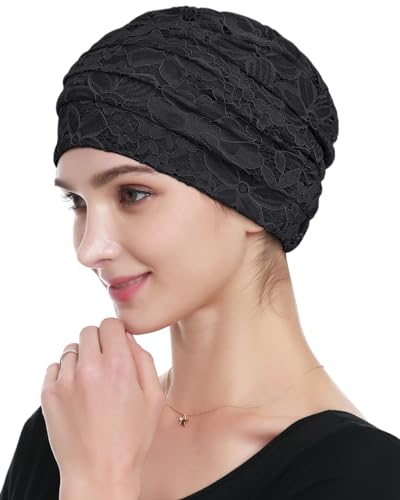 Women's Viscose Beanie Lace Turban Sleep Cap - Chemo Hat Black