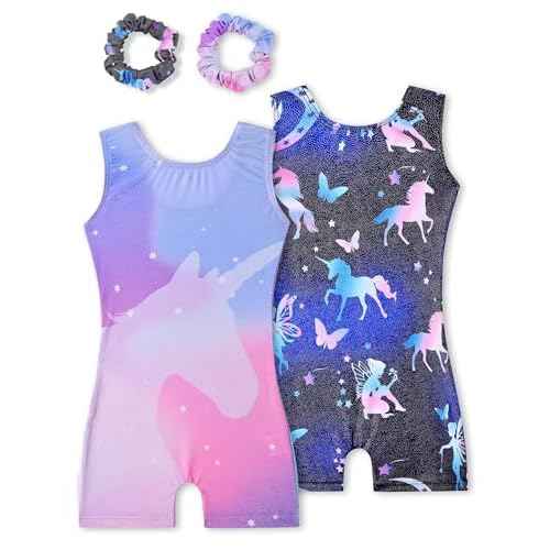 Gymnastics Leotards for Girls 2 Pack Sparkly Kids Biketards Dance Unitards Matching Hair Scrunchies