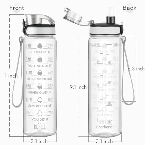 Enerbone Crystal Water Bottle 32oz Leakproof BPA Free Motivational Sports Flask with Straw