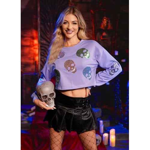 For G and PL Women Halloween Graphic Sequin Cropped Sweatshirt Long Sleeve Cute Funny Pullover Top XS-L