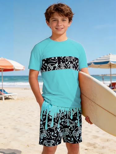 Boys Rash Guard Swimsuit 2-Piece Set with Shirt - Turquoise 11-12Y