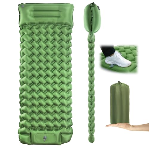 Extra-Thick Camping Sleeping Pad with Pillow and Built-In Foot Pump - Green, 3.54 Inch, Ultralight
