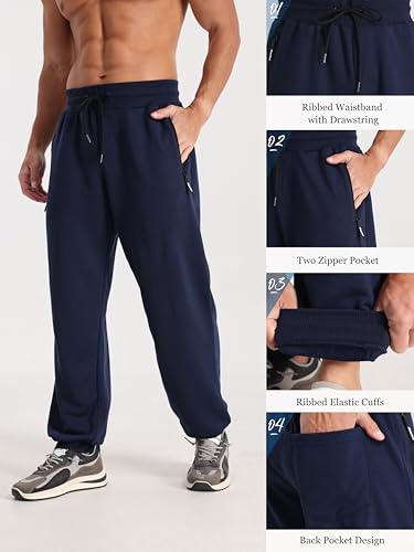 Men's Athletic Joggers Pants with Zipper Pockets - Large, Black, Navy Blue, Gray