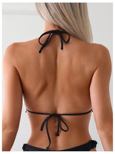 SOLY HUX Women's Halter Bikini Top Frill Trim Triangle Bathing Suit - Large Black