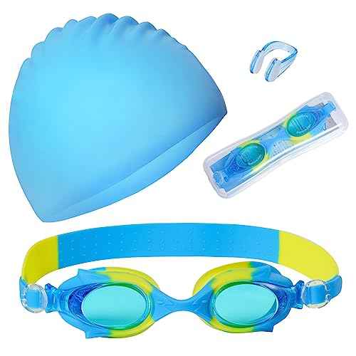 3 Pieces Kids Swim Cap for Boys Girls Silicone Swimming Cap for Short Hair with Swimming Goggles and Nose Clip Unisex Waterproof Bathing Caps for Age 3-15 Children Boys Girls