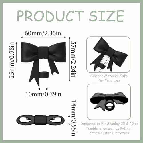 Stanley Cup Accessories Set, Bow Straw Toppers, Water Bottle Handle Strap, Straw Cover Boots for Stanley, Silicone Straw Toppers for Tumblers, Bow Cup Accessories for 20&30&40Oz (Black)