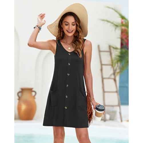 MISFAY Women Summer Dresses Bathing Suit Coverups 2025 Casual V Neck Sleeveless Beach Tank Sun Dresses Swimsuit with Pockets