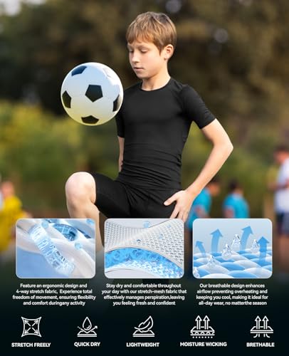 Niksa Boys Compression Shirt Youth Athletic Quick Dry Undershirt - Medium Black & White 2 Pack