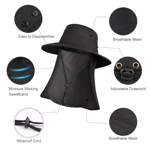 Black UPF 50+ Waterproof Sun Hat with Removable Face Cover & Neck Flap - Men Women Bucket Hat