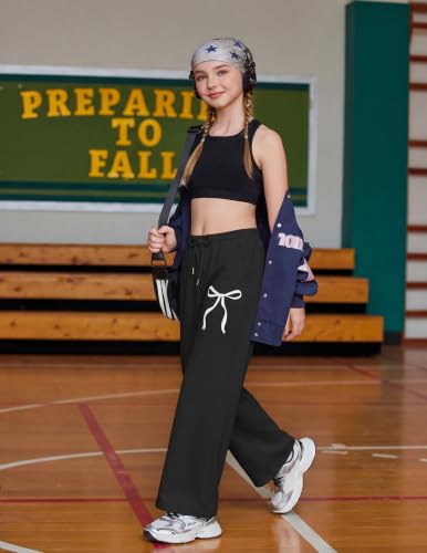 Girls Wide Leg Sweatpants with Pockets - Black, 12-13 Years - Baggy Athletic Pants