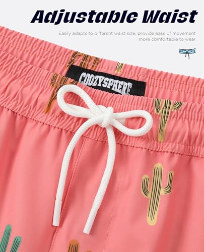 Men's Swim Trunks with Compression Liner 5 Inch Inseam - Pink Colorful Cactus, Medium