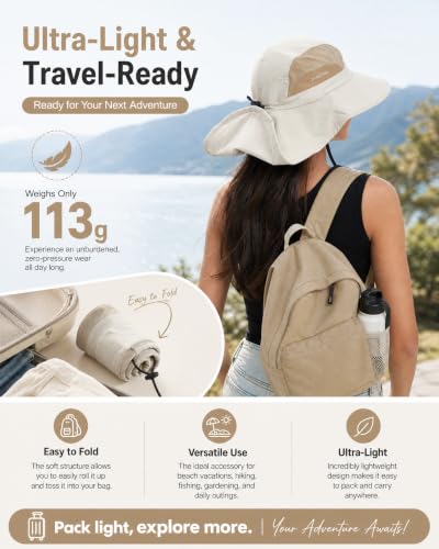 Sun Hat UPF50+ Wide Brim Bucket Hat Outdoor for Hiking Garden - One Size Beige