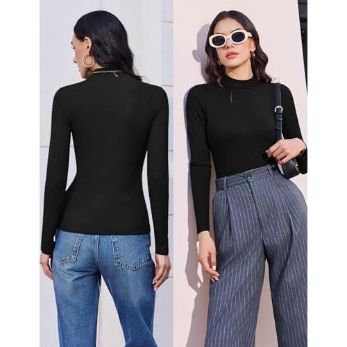 Ekouaer Mock Turtle Necks Tops for Women Long Sleeve Ribbed Shirts Thermal Slim Fit Lightweight Undershirts S-XXL