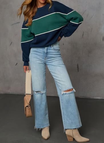 LEEDYA Women's Oversized Color Block Long Sleeve Sweatshirt - Medium Navy Blue
