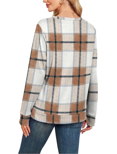 Women’s Crewneck Sweatshirt Long Sleeve Fall Outfit - Large Brown Plaid