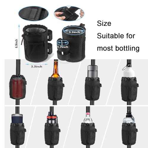 Cup Holder for Bike,Scooter and Wheelchair,Water Bottle Holder for Walker,Golf Cart and Beach,Universal Drink Holder Accessories with Net Pocket and Cord Lock (1 Piece,Black)