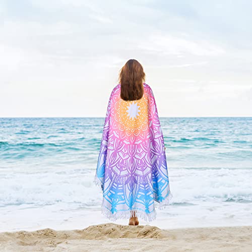 Large Boho Mandala Round Beach Towel - Fast Dry, Sand Free, 59 Inch Aqua Blue