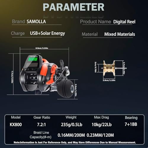 Digital Baitcasting Fishing Reel with LCD Display, 7+1BB, 22Lb Max Drag, 7.2:1 Gear, Right Hand, Ultralight, Saltwater & Freshwater, Orange - TX800 Variation