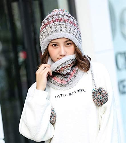 Ypser Women's Winter Warm Knitted Crochet Hat Fleece Lined Cable Faux Fur Pom Pom Beanie Hat Skull Cap