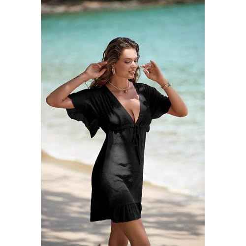 AI'MAGE Swimsuit Cover Ups Women's Bathing Suit V Neck Ruffle Sleeve Soft Coverups Dress