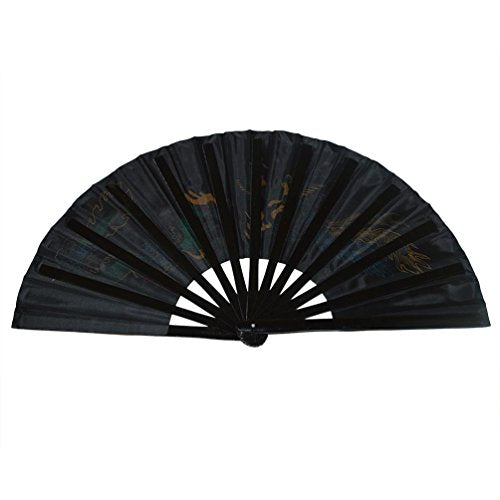 Chinese Kung Fu Tai Chi Fan with Dragon & Phoenix Design - Black Background, Folding Bamboo & Satin Performance Fan (Variation of Dragon And Phoenix Black Background)