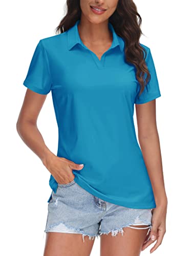 Women's V-Neck Polo Shirt UPF 50+ Sun Protection Short Sleeve Golf Collared Top - Green & Blue, Large