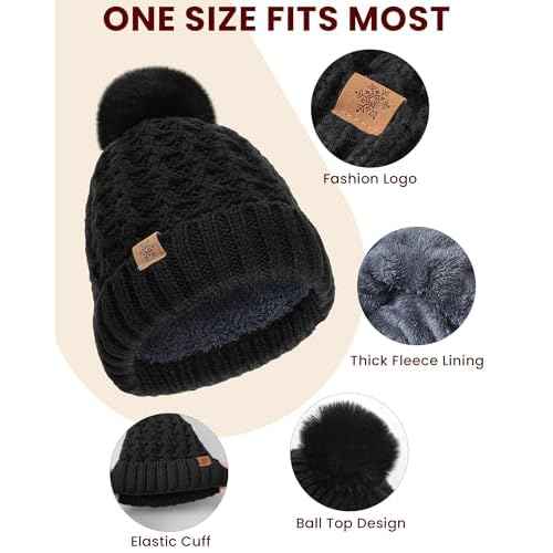 Trifabricy Womens Winter Hat Knit Crossed Cap Beanie Hats for Women Soft Warm Lined with Faxu Fur Pom Poms for Cold Weather