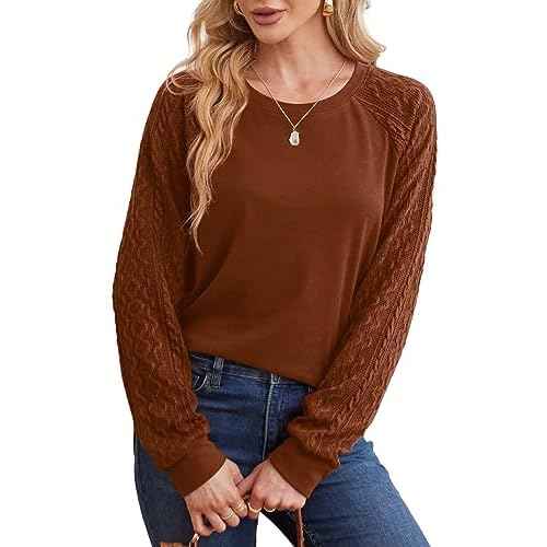 Saloogoe Sweatshirts for Women Crewneck Cable Knit Sleeve Sweaters Lightweight Fashion 2025