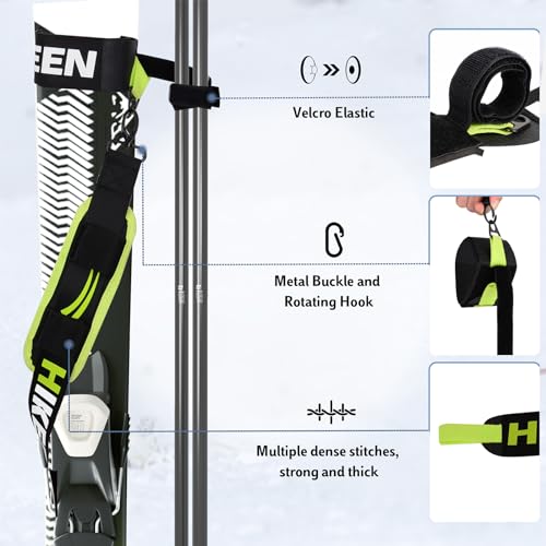 Hikeen Ski Carrier Straps, Poles and Boot Skis Straps with Adjustable Anti-Slip Shoulder Slings & Metal Buckle and Swivel Hook for Men Women Kids