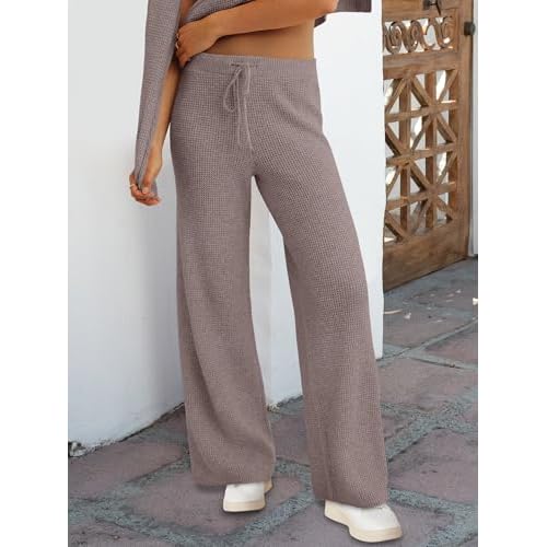 ANRABESS Women Two Piece Outfits Sweater Sets Lounge Waffle Knit Pullover Matching Wide Leg Pants Tracksuit 2025 Fall Fashion