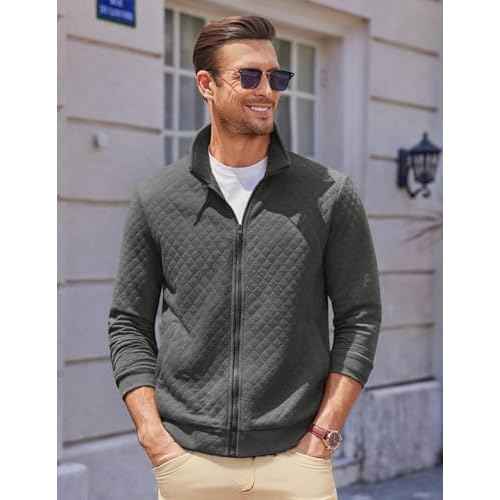 COOFANDY Mens Zip Up Sweatshirt Mock Neck Quilted Jacket Casual Lightweight Sweater Jackets with Pocket